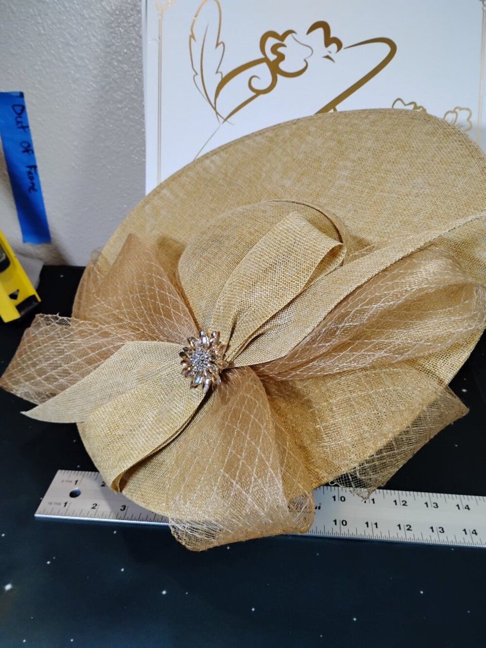 Gold Fascinator Hat Wide Brim Kentucky Derby Tea Party Wedding Headband - Picture 6 of 7
